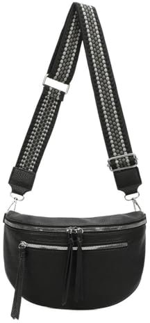 ITALYSHOP24 Damen Tasche Umhängetasche Brusttasche Muster Gürtel Bauchtasche Crossbody Gürteltasche Hüfttasche Crossover Bodybag Schultertasche Handytasche Leder Optik Schwarz