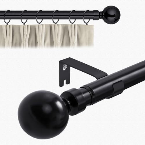 Aspire Homeware Curtain Poles Metal Plain Ball Extendable Curtain Pole 120 cm to 210 cm Matte Black Adjustable Curtain Rod 28 mm Diameter with 60 mm Finials, Rings, Brackets, and Fittings Set