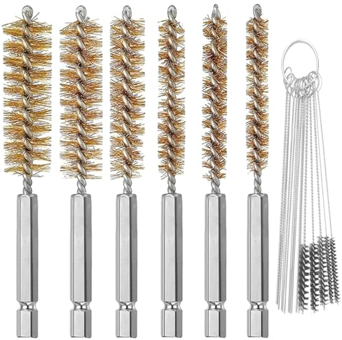 6 Pieces Brass Bore Brush in Different Sizes + 15 Pcs Cleaning Needles Nylon Brushes Tools, Twisted Wire Brush with Handle 1/4 Inch Hex Shank Attachment Drill Set for Tubes Ports Bearings