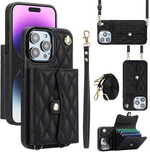 XIZYO für iPhone 15 Pro Leder Crossbody Brieftasche Handyhülle mit 2 Verstellbarem Abnehmbarem Lanyard-Riemen, Frauen Niedlich Luxus Geldbörse Ständer Handyhülle mit Kartenhalter, Schwarz