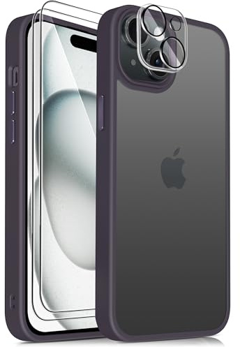 Mootobo Case for iPhone 15 Plus, 4 in 1 Skin Touch Phone Bumper Cover, Built-in 2 Tempered Glass Screen Protector +1 HD Camera Lens Protector, Shockproof Hard Phone Cover (Deeppurple)