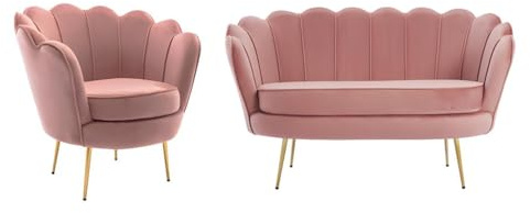 Vente-unique - Canapé 2 Places et Fauteuil Coquillage en Velours Rose Dandelion