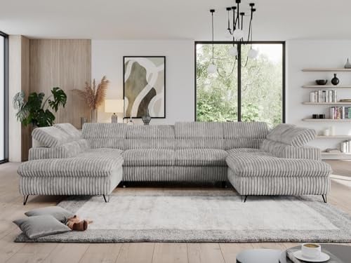 MKS MEBLE Cord Sofa U, Wohnlandschaft U-Form, Ecksofa mit Schlaffunktion und Bettkasten, Schlafsofa mit Bettkasten, Couch mit Verstellbare Kopfstützen - Pedro U - Grau Cord