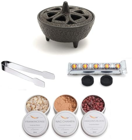 Kit brûleur d'encens avec encens, sang de dragon et encens Nag Champa en fonte + boîtes de 30 ml d'encens frais + pince en acier inoxydable