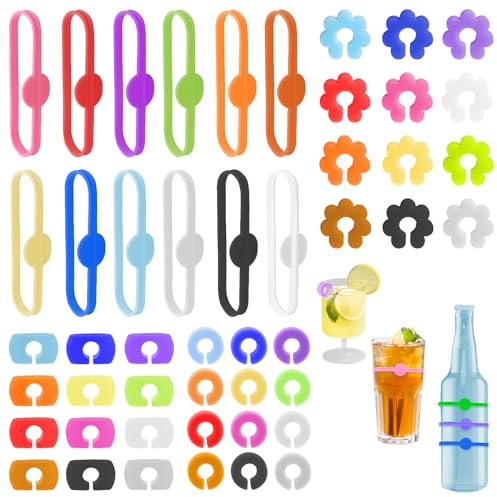 UKOFEW Marque Verre à Vin,48 Pièces Marqueurs de Verre Réutilisables,Identificateur de Verre à Vin en Silicone,Pour Verre à Champagne, Verre à Cocktail, Verre à Boire