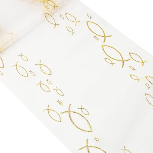 COLOFALLA 29cm x 5m Tischläufer Taufe Kommunion Tüll Rolle Fische Tischdeko Taufe Kommunion Konfirmation Firmung Deko für Mädchen Junge Tischband Dekostoff (Gold)