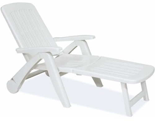 Tomaino - Lettino Prendisole in Plastica da Giardino - Schienale Reclinabile, Pieghevole con Ruote - Campeggio, Spiaggia, Piscina, per Esterno (Bianco)