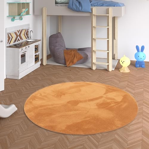 Pergamon Kinderzimmer Kunstfell Teppich - Extra Weich & Flauschig - Hochwertiger Super Soft Teppich Pearl Rund Orange Terrakotta für Kinderzimmer, Jugendzimmer