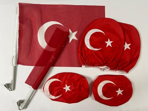 Türkei Auto Fanset 6 teilig, 2 Flaggen, 2 Kopfstützenfahnen, 2 Seitenspiegelflaggen, Türkiye EM Fanartikel Fahne Flagge Dekoration