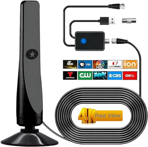 SIGANDG Antenne TV numérique DVB-T2,Antenne TV Puissante,TNT Amplificateur Signal Prendre en Charge de TV 4K 1080P VHF HDTV Gratuites,pour Intérieur et Extérieur,avec Base Magnétique avec Câble 3.5m