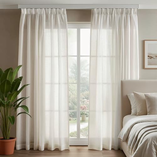 Deconovo Voile Gardinen mit Kräuselband, Halbtransparent Dekoschal, Leinenoptik Vorhänge für Wohnzimmer Gardinenschal Balkon, 185x140cm (HöhexBreite), Leinen, 2er Set