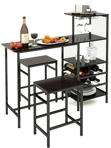 YORKING Breakfast Bar Table and Stools Set, 3 PCS Bar Table Set with Glass Holders, Wine Racks, Storage Shelves, Dining Table and 2 Bar Stools for Kitchen, Living Room,120x40x120cm, Black Walnut Color