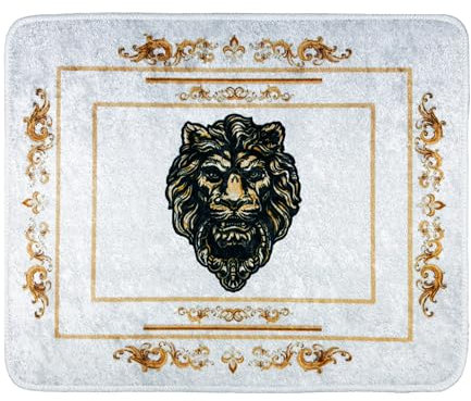 Belle Arti Löwe Badezimmerteppich Badematte Duschmatte Badvorleger Duschvorleger Löwenkopf Motiv in Weiss Gold - rutschfest waschbar orientalisch - Design 4: Löwe Weiss, 50 x 60 cm