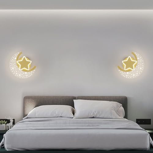 AoLa LED Mond Wandleuchte Kinderzimmer Nachttischlampe 12W Dimmbare Stern-Wandlampe Moderne Innen Wandbeleuchtung Zimmerlampen für Jungen und Mädchen für Schlafzimmer Wohnzimmer Flur Gold