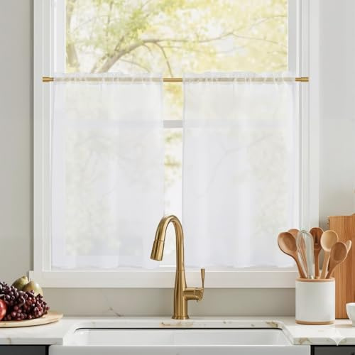 PONY DANCE Bistrogardine Leinenoptik Weisse Gardinen Kurz Transparent | 2er Set H120 x B60 cm, Scheibengardinen, Fenstergardine Küche, Lichtdurchlässig, mit Stangendurchzug, Dekoration, Luftig