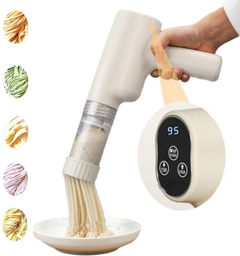 Presses à Pâtes électriques, Machine à Pâtes électrique avec 7 Moules à Nouilles Portable Machine à Pâtes Fraîches Rechargeable 1300mAh ABS Machine à Pâtes pour Spaghetti Fettuccine Beige