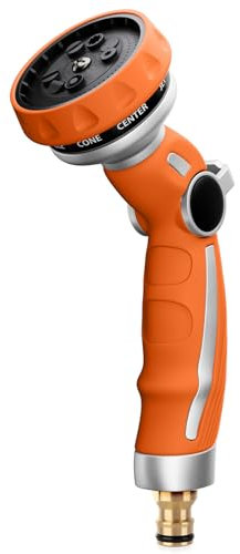 RESTMO Garden Hose Pipe Spray Gun, Metal Jet Nozzle Sprayer Heavy Duty with 9 Patterns, High Pressure Water Sprayer with Thumb Flow Control, Ideal for Lawn & Plant Watering, Car & Pet Washing, Orange