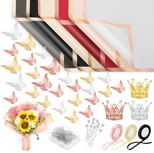 Yocdunm 122 Pcs Floral Wrapping Paper Kit Waterproof Floral Wrapping Paper Florist Supplies with Butterfly Decoration Crowns Ribbons Bouquet Pin Glue for DIY Craft (Stylish)
