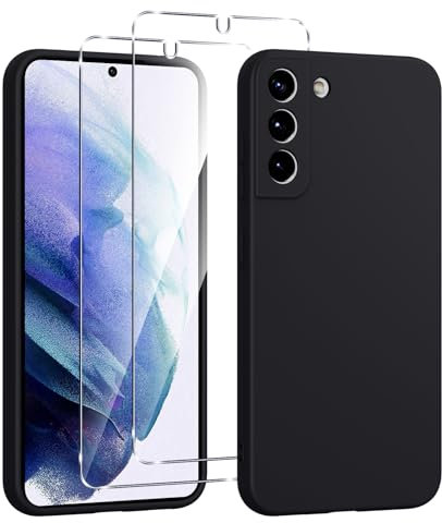 Viojrlra Coque Silicone pour Samsung Galaxy S21 5G avec 2 Pièces Verre Trempé, Protection Complète du Corps au Toucher Soyeux, Housse Etui de Protection en TPU Souple, Antichoc Anti-Rayures, Noir