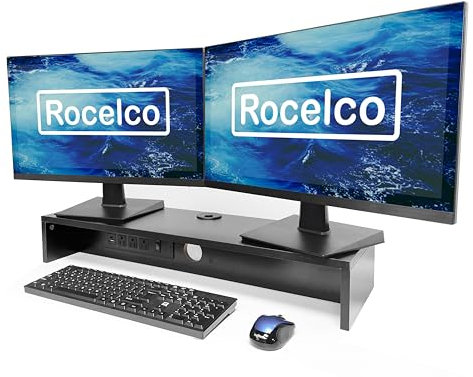 Rocelco 76,2 cm (30 Zoll) Dual-Monitorständer mit AC-Steckdosen und USB-Strom-/Ladeleiste, Holz, für Laptop, TV, PC, mit Tastatur-, Maus-Aufbewahrung und Kabelmanagement, Schwarz (R DMSV)