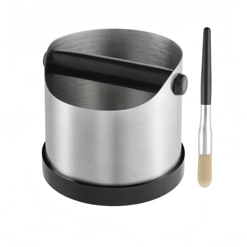 CHDEXU Coffee Grounds Knock Box, Small Stainless Steel Espresso Coffee Knock Box, Coffee Grind Knock Out Box with Removable Knock Bar and Coffee Brush, Coffee Grounds Container with Non-Slip Base