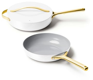 Caraway Antihaft-Bratpfanne und Schmorpfanne Duo | 26,7 cm Keramik-Bratpfanne und 30,5 cm tiefe Schmorpfanne mit Deckel, antihaftbeschichtet, ungiftig, ofenfest, weiß