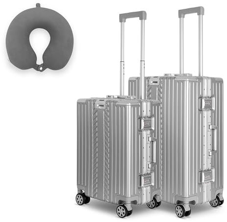 WINLIFE SPARSET M+L Reisekoffer Alu-Rahmen mit ABS + Anthrazit Nackenkissen & TSA Nummern-Schloss Handgepäck M(53cm)+Checkin-Trolley L(65cm) Hartschalenkoffer | Silber