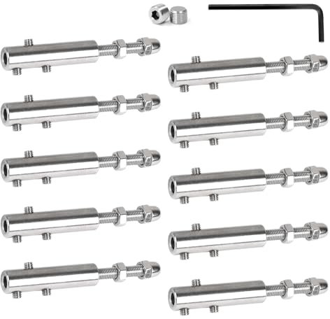SUPAWAY Lot de 10 Tendeurs pour câble 5 mm Serre-câble en inox avec tige filetée et clé Allen, Garniture de tension robuste pour câbles en acier, idéale pour les installations de clôtures ou rambardes