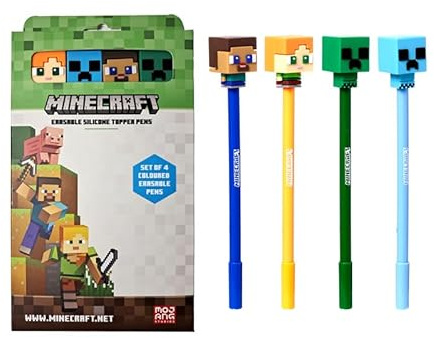 Puckator Set mit 4 löschbaren Stiften mit Minecraft-Chibi-Stil-Silikonaufsatz, cooler, niedlicher, ästhetischer Schulbedarf, löschbare Gelstifte, Stift mit Radiergummi, für Kinder, Büro, Schreiben