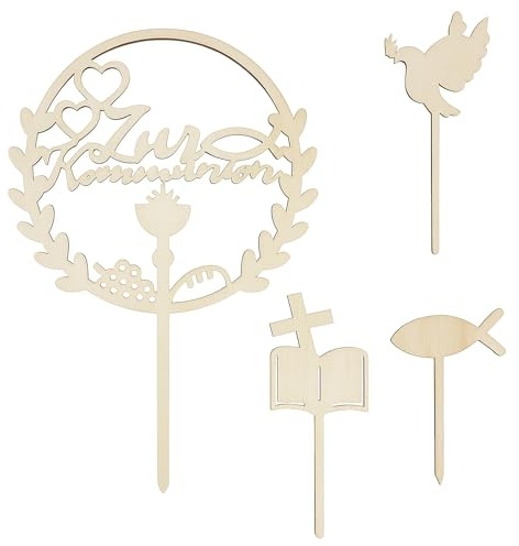 Cake Topper Konfirmation,4 Stück Holz-Tortendeko mit Taube und Fisch Motiv,Tortenstecker für Erstkommunion und Konfirmation,Christliche Kuchen-Deko für Jungen/Mädchen