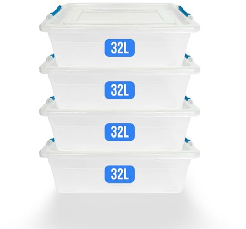 KAPCO Clear Plastic Boxes with Clip-Lock Lids – 4 x 32L Underbed Organizer – Stackable Durable Plastic Containers for Home Office Bedroom Kitchen – BPA-Free, Nestable, Space-Saving Design | 32 Litre