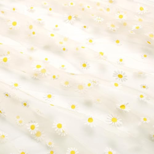 Vayliro 5m x 150cm Gänseblümchen Blumen Print Stoff Tüllstoff Weich Netzgewebe Meterware Tülldekoration Dekostoff für DIY Nähen Handwerk Haarschmuck Tutu Hochzeitskleid Heimdekoration,Creme