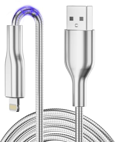 Câble USB A vers Lightning tressé en métal de 6,6 pieds, cordon de charge résistant aux morsures de chiens et de chats, câble de charge Lightning en métal pour iPhone 14/13/12/11/8/7/6/X/XS/XR