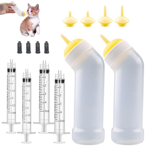 Guxetans Puppy Nursing Kit, Kitten Feeding Bottles, with Pet Feeding Nipple and Syringes for All Breeds of Puppies, Kittens and Other Animals, Pack of 14, Yellow