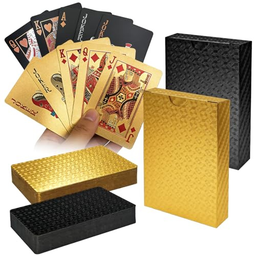 Rongrongago 2 Stück Gold Und Schwarz wasserdichte Diamant Spielkarte, Waterproof Playing Cards, Plastik Pokerkarten, Poker Karten, Kunststoff Pokerkarten für Kartenspiele, Reisespiele