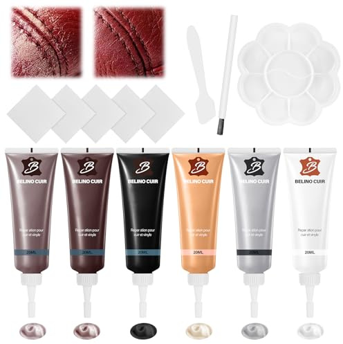 Leder Reparatur Set, Kunstleder Reparaturset, 6 Farben, 20ml | Lederreparatur Creme · mit Schwamm Tuch & Palette · für Sofa, Autositze, Lenkrad, Taschen, Schuhe, Jacken