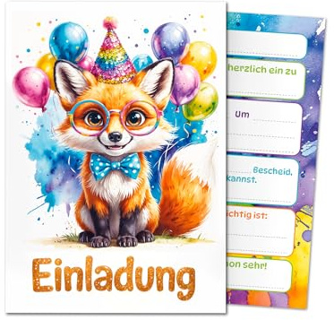 JuNa-Experten 12 Einladungskarten zum Kindergeburtstag Jungen Mädchen Kinder Tiere Fuchs coole Einladungen Geburtstag Mädchengeburtstag Jungsgeburtstag Geburtstagseinladungen Taufe Einschulung