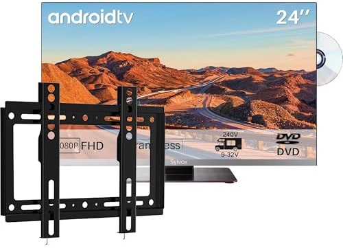 SYLVOX 24 Zoll 12V Fernseher für Wohnmobil, Smart Google TV mit DVD Player, 1080P FHD, Rahmenlos, inkl. Adapter, DVB/T2/S2, Bluetooth WiFi & RJ45 – Ideal für Camping, Reisen, KFZ und LKW