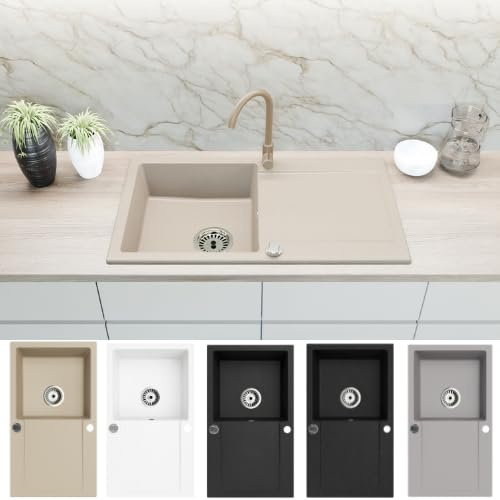 Faizee Home | Granitspüle 90x50 cm – Reversibles Spülbecken mit Abtropffläche inkl. Siphon & Drehexzenter | Kratzfest, hitzebeständig & für 45 cm Unterschränke (Beige)