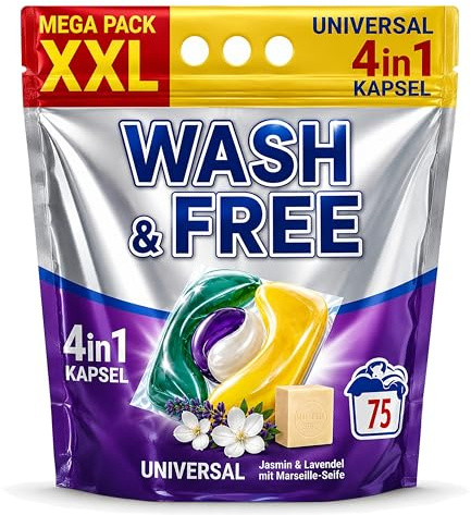 Waschmittel Pods 4in1 – 75 Waschladungen XXL – Universal Waschkapseln mit Marseille Seife – Jasmin & Lavendel Duft – Fleckentfernung & Farbschutz – Waschmittel Kapseln für 20-60°C