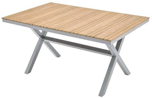 MAT-COMPANY Gartentisch Aluminium Grau Braun 150 x 90 cm mit Holzoptik Tischplatte wetterfest Stabiler Esstisch für Garten Terrasse Balkon 6 Personen