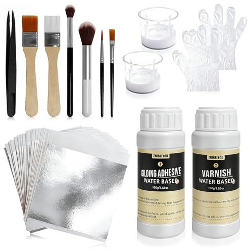Silver Leaf Kit adhésif de dorure, 100 feuilles d'argent, 100 ml de colle et de vernis à base d'eau, 6 pinceaux, pour meubles, artisanat, peinture et arts, ensemble tout-en-un de feuilles d'argent