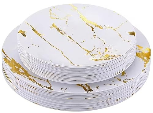 Playcrate Juego de 20 platos de plástico dorados, platos llanos de mármol, 10 piezas de 10 pulgadas, 10 piezas de 8 pulgadas, vajilla reutilizable para bodas, cumpleaños, fiestas y Navidad