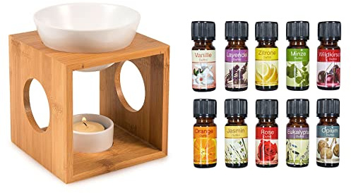 levandeo Duftlampe inkl. 10 Duftöle aus Holz Bambus Keramik - quadratisch - Aromaspender Öllampe Aromalampe