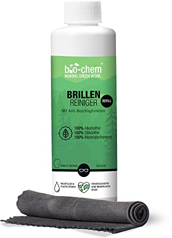 bio-chem Brillenreiniger Spray ohne Alkohol 250ml Nachfüllflasche | Anti-Beschlag Brillenspray mit Mikrofasertuch | Reinigungsspray für Brillen, Display | Brillenputzmittel Made in Germany