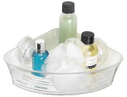 Croydex Press 'n' Lock Suction Corner Shower Caddy | Bathroom Storage Corner | Strong Suction Hooks | No Tools Required | Versatile Basket | Smooth Tiles or Glass | Self-Draining