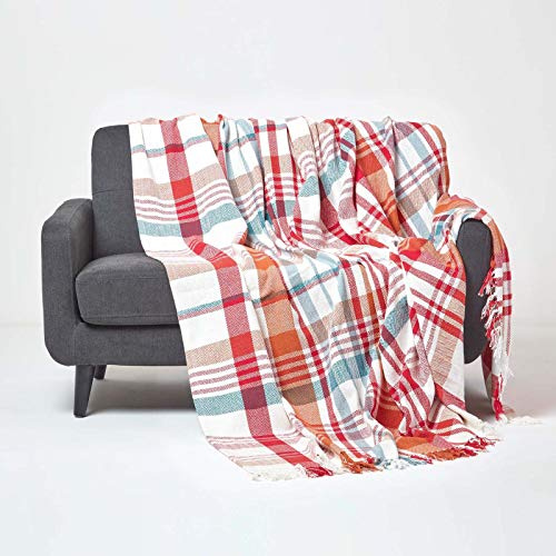 HOMESCAPES ‘Falun’ Red 100% Cotton Tartan Pattern Throw, Bedspread Blanket with Tassel Fringing, 150 x 200 cm