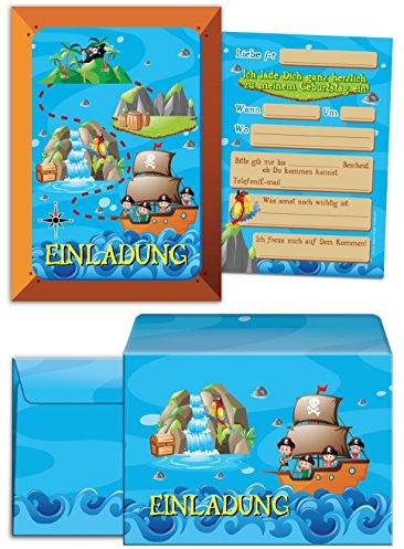 10 Einladungskarten incl. 10 Umschläge zum Kindergeburtstag Piraten-Party für Mädchen und Jungen/Piraten/bunte und lustige Einladungskarten (10 Karten + 10 Umschläge)