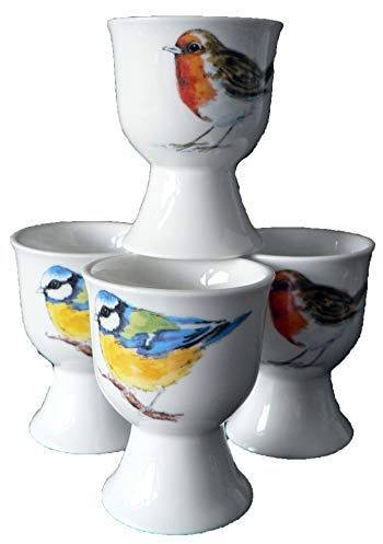 crackinchina Garden Bird egg cups eggcup porcelain set of 4-2 each Robin/Blue tit boxed