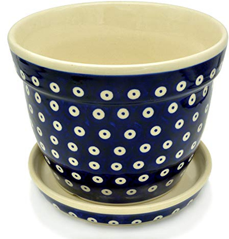 Bunzlauer Pflanztopf mit Untersetzer, für innen (Höhe 14,5/Durchm. 18,3 cm, Dekor Blau-Auge)